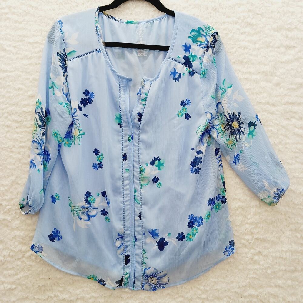 Blouse Powder Blue Bloomcore Navy Floral V-Neck Long Sleeve Whimsycore Size PM